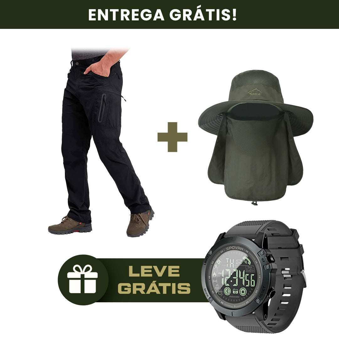 CONJUNTO CALÇA MILITAR TACTICAL + CHAPÉU OUTDOOR PROTEÇÃO SOLAR [GRÁTIS RELÓGIO MILITAR SPORT]