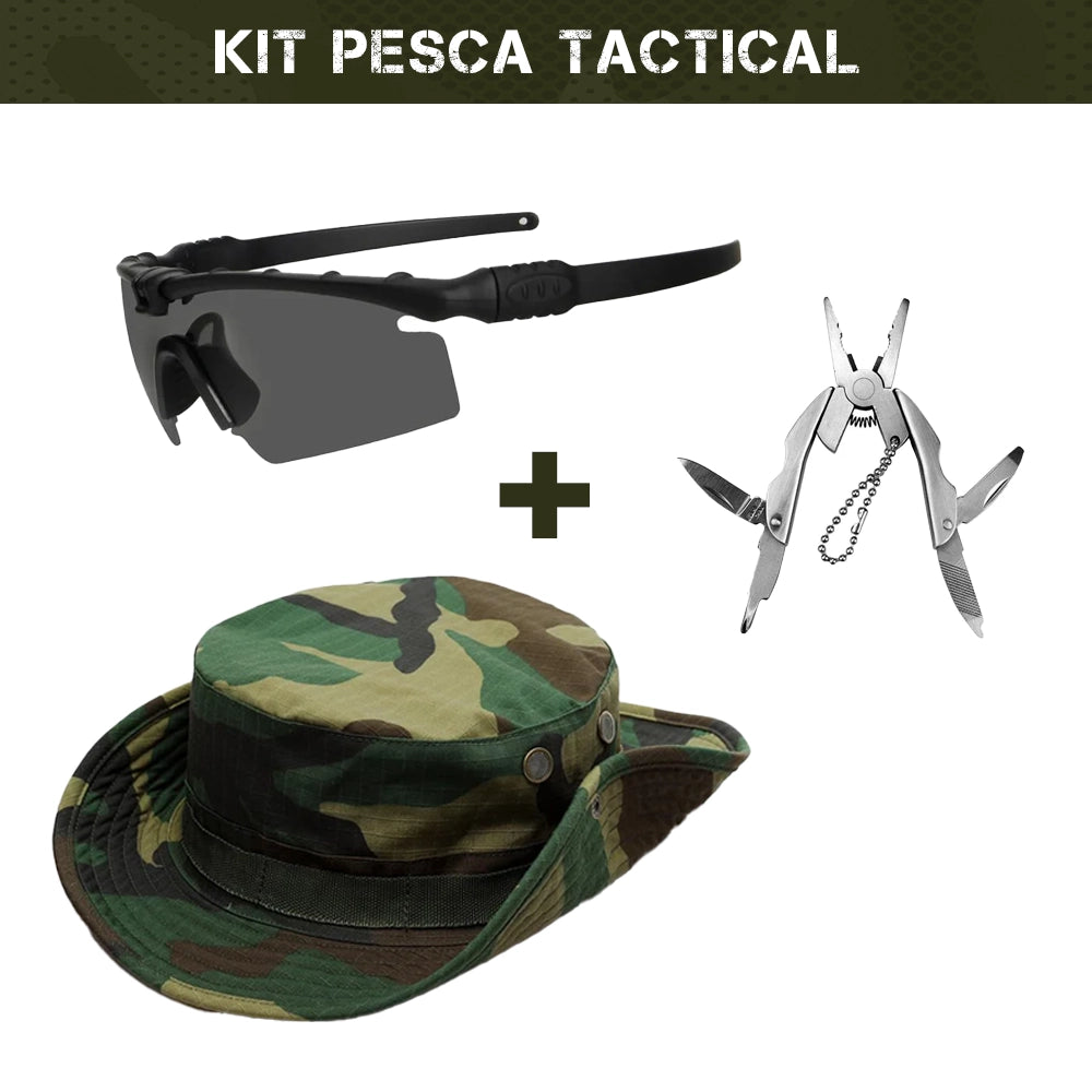 Kit Chapéu Camuflado Tático + Óculos Tático Balístico + Alicate Titanium