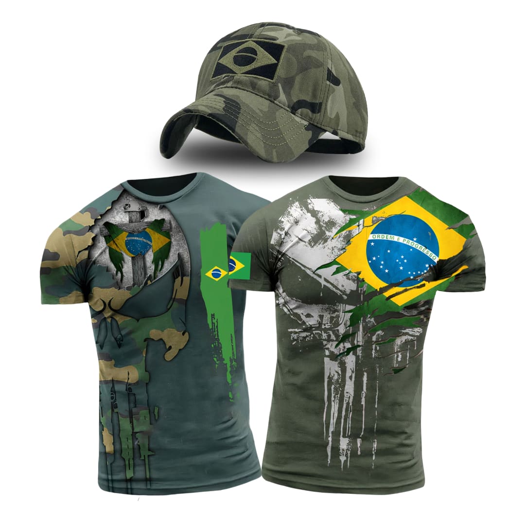 Kit 2 Camisas do Brasil Caveira - ganhe um Boné Brasil